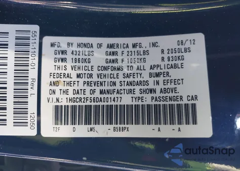 2013 Honda Accord Sport from USA, damaged, VIN 1HGCR2F56DA001477